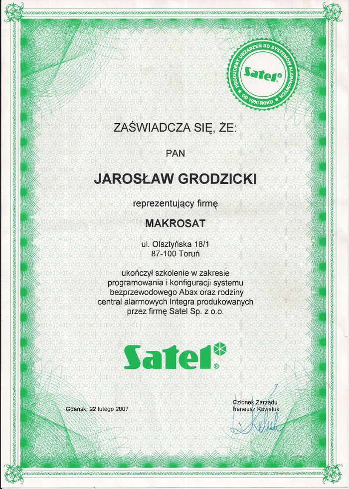 Certyfikat zakończenia szkolenia instalacje alarmowe Satel Makrosat z Torunia